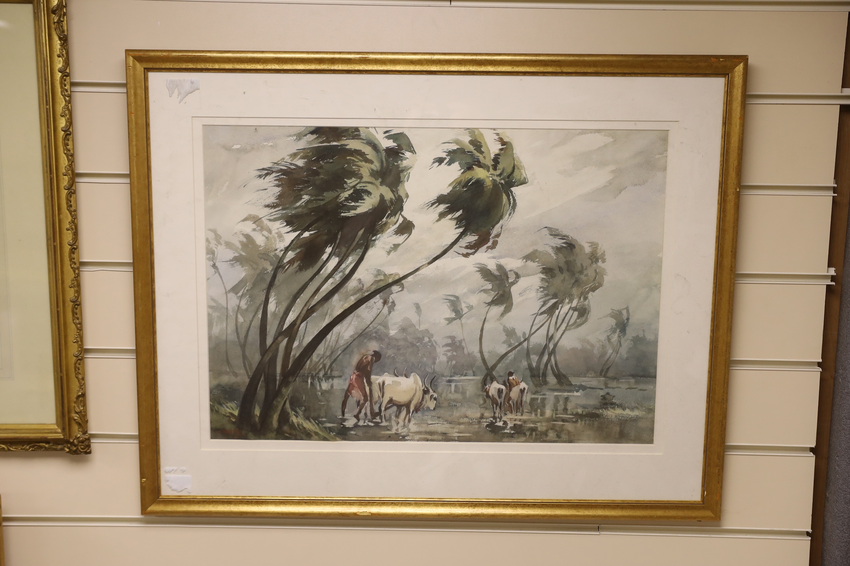 G.D. Paulraj (Indian, 1914-1989), watercolour, Buffalo drivers in a monsoon, signed, 36 x 51cm